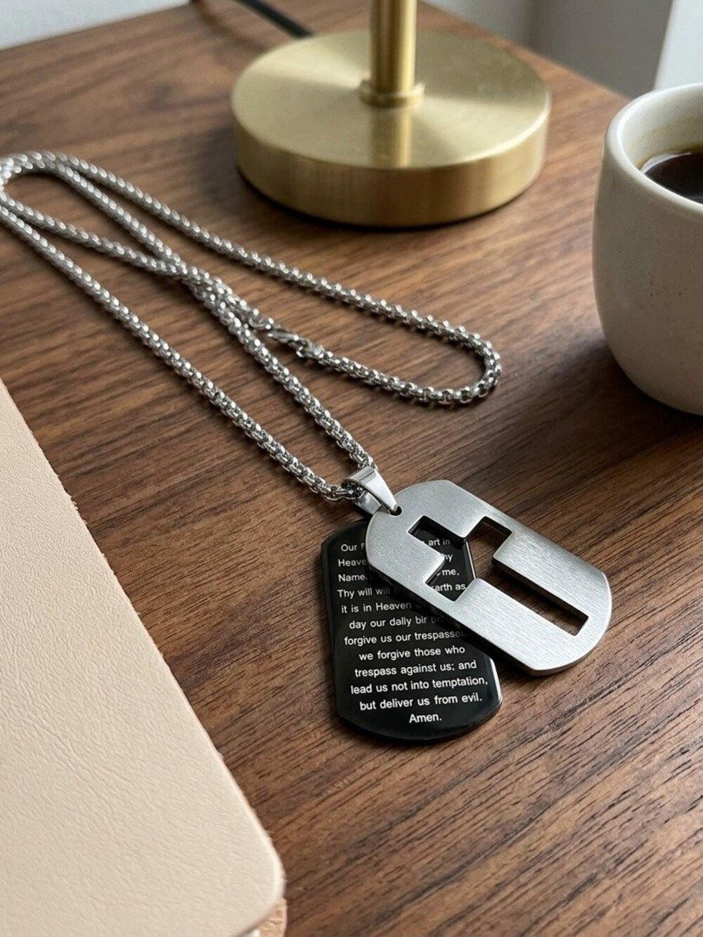 Mens Lords Prayer Dog Tag Cross Necklace Stainless Steel Bible Verse Pendant